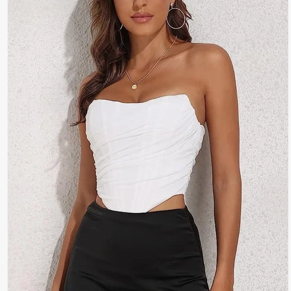 Women's Vintage Strapless Open Back Boned Mesh Bustier Zip Back Corset - Picture 4 of 6